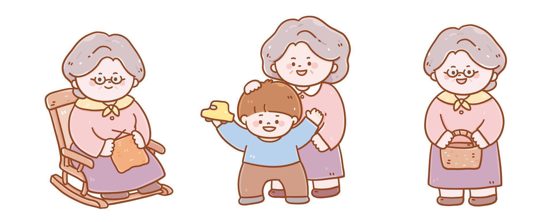 Vector cute illustration style. Happy kindergarten boy holding car toy, woman leisurely knitting and shopping