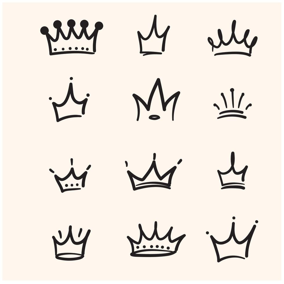 Doodle crown hand drawn set. Doodle princess crown, queen tiara. Line sketch royal element with Illustration style doodle and line art vector