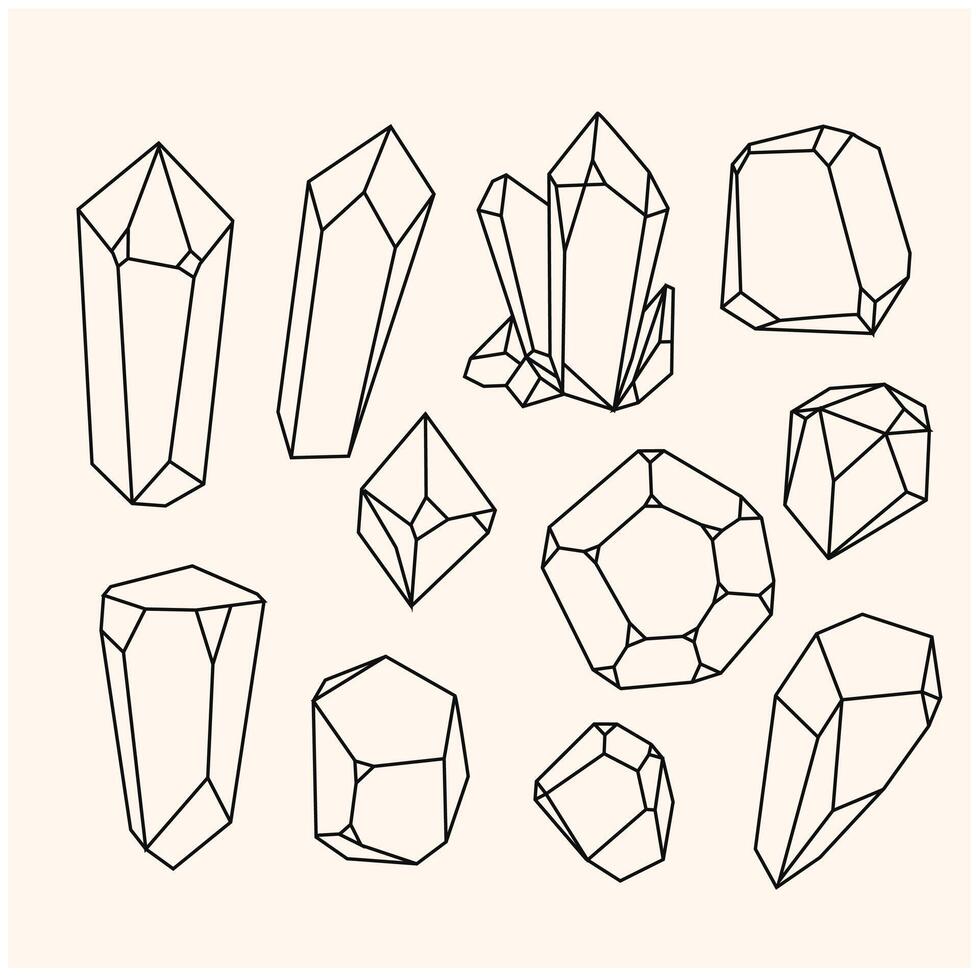 Set of crystals, linear shape polyhedron. Illustration style doodle and line art vector