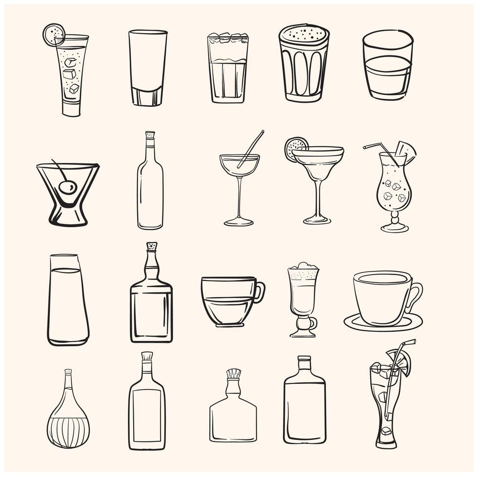 cocktails, coffee drinks and alcohol bottles with illustration style doodle and line art vector