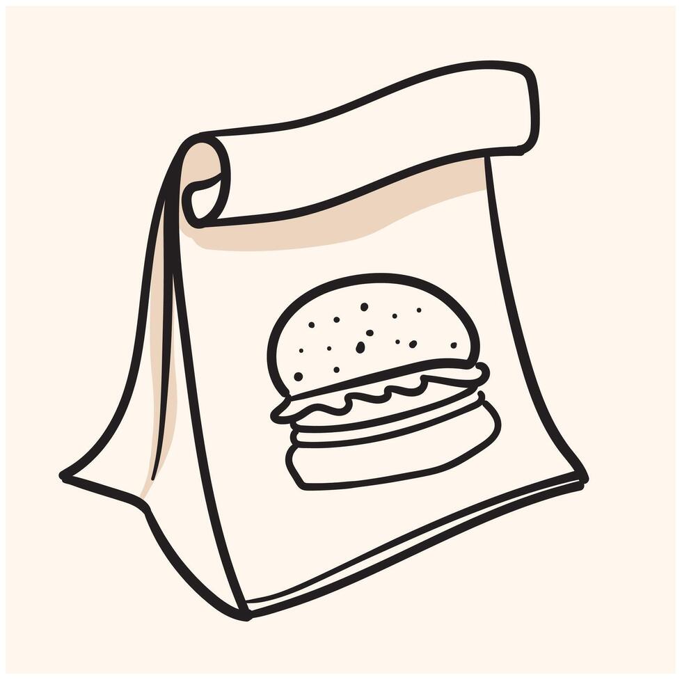 Food bag burger with Ilustration style doodle and line art vector