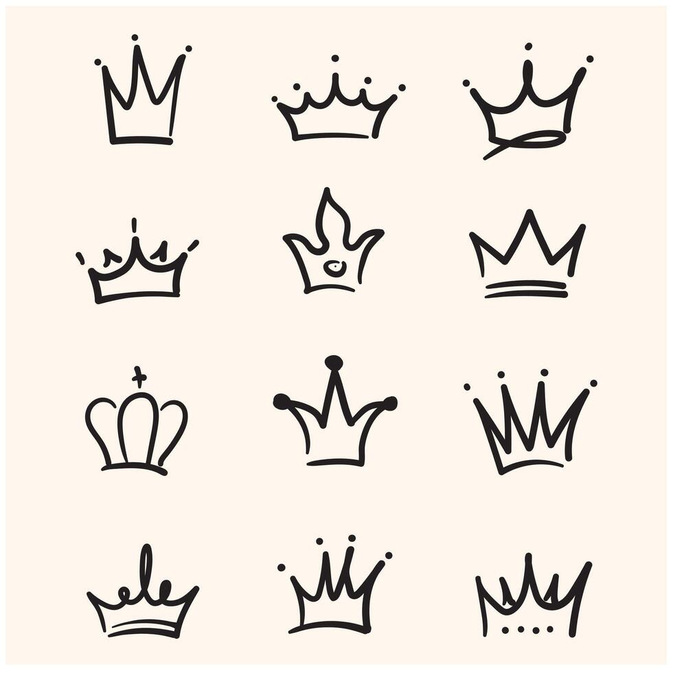 Doodle crown hand drawn set. Doodle princess crown, queen tiara. Line sketch royal element with Illustration style doodle and line art vector