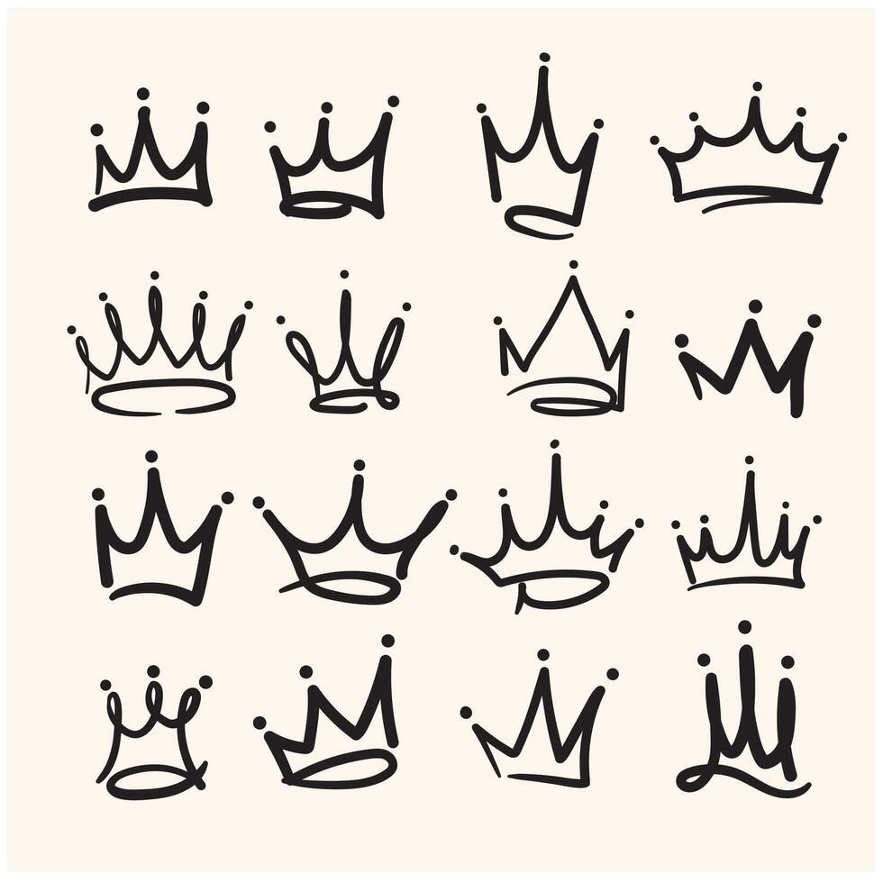 Doodle crown hand drawn set. Doodle princess crown, queen tiara. Line sketch royal element with Illustration style doodle and line art vector