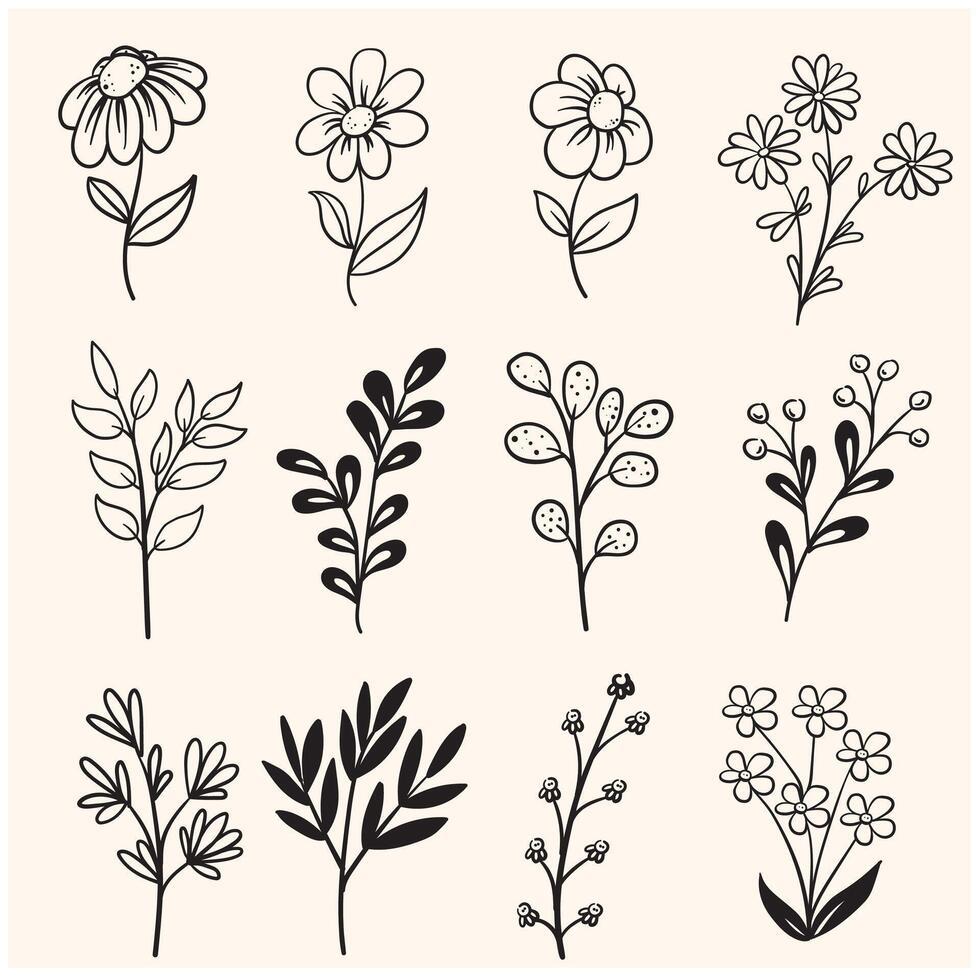 abstract flowers and branches with illustration style doodle and line art vector