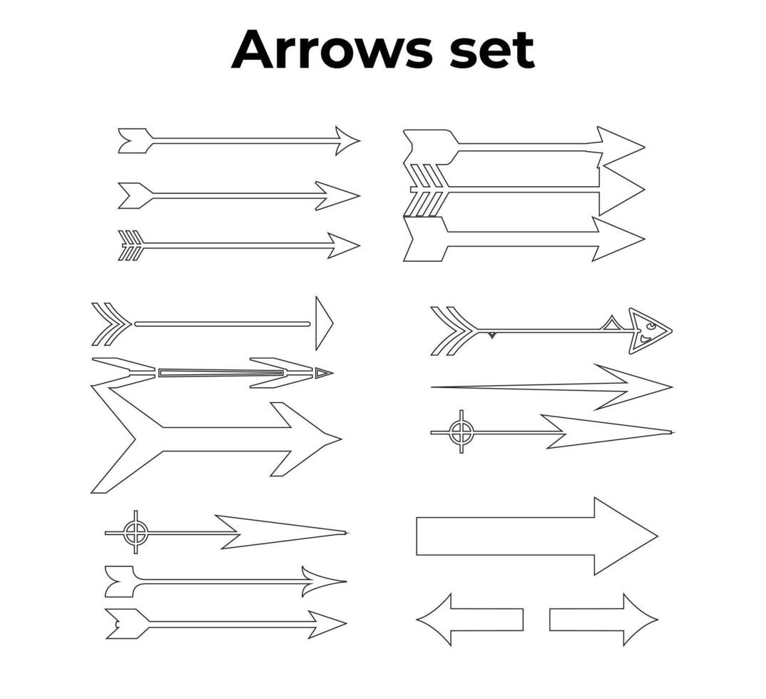 Set of arrows. Bow arrows. Isolated archer symbol on a white background. vector illustrations and line art.