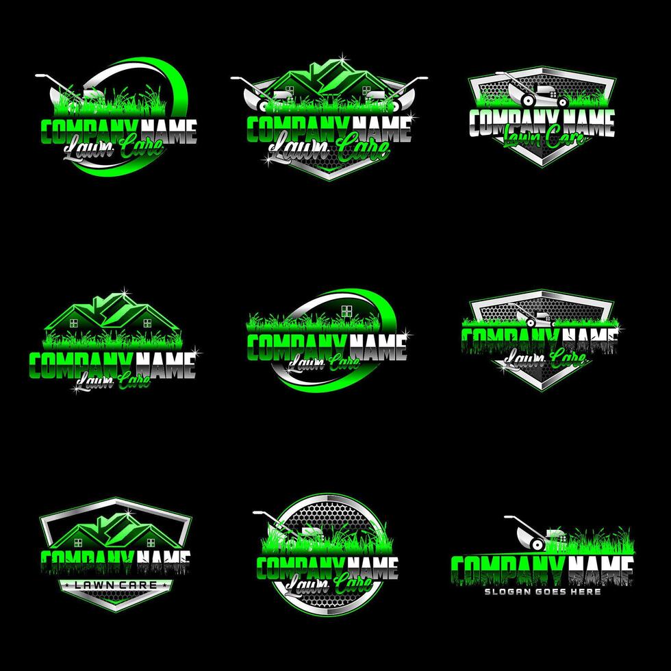 Gardening service, landscaping and lawn care set of nine vector emblems on black background