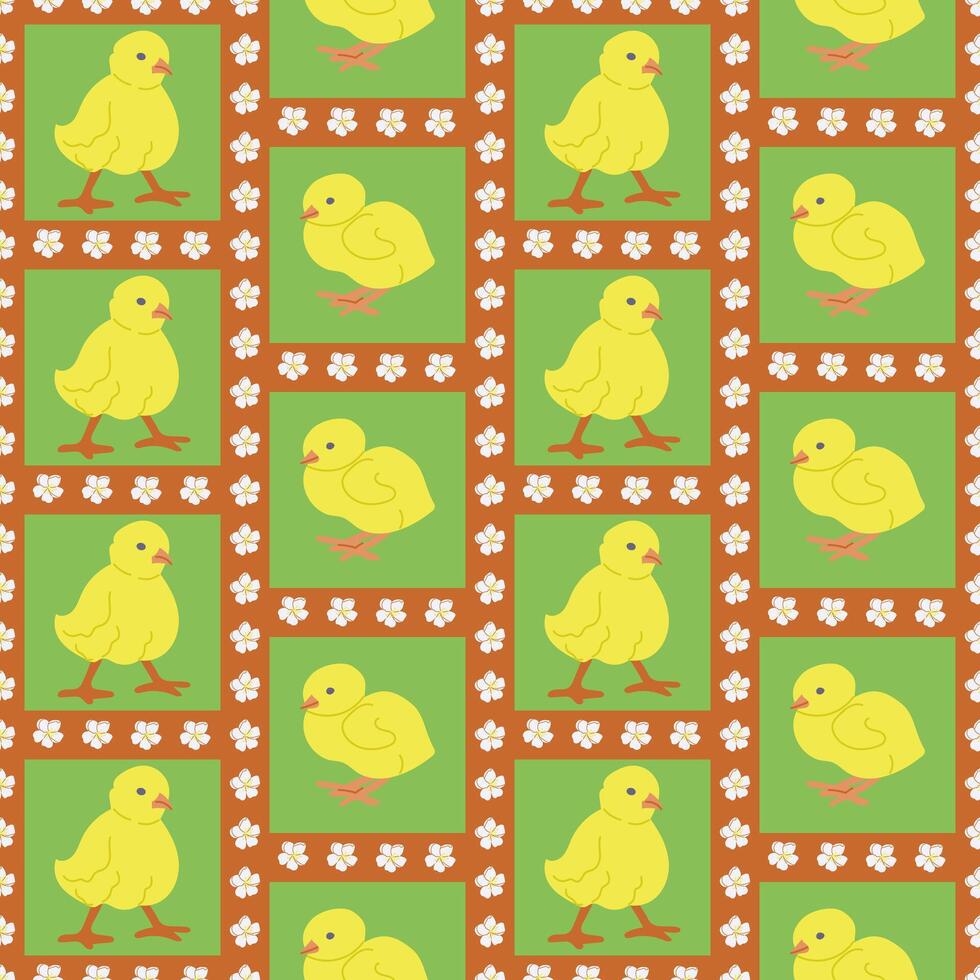Spring easter geometric pattern with chicks. Flat hand drawn yellow chickens and flowers in contrast squares. Unique retro print design for textile, wallpaper, interior, wrapping vector