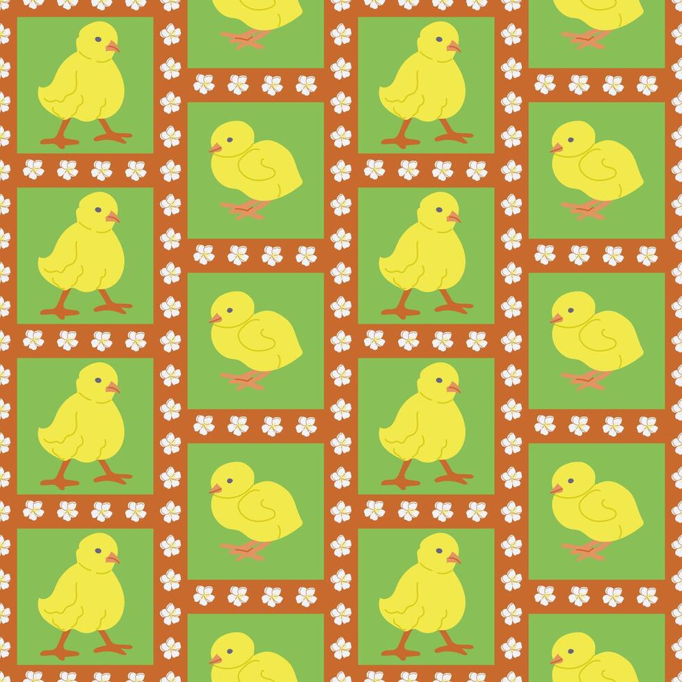 Spring easter geometric pattern with chicks. Flat hand drawn yellow chickens and flowers in contrast squares. Unique retro print design for textile, wallpaper, interior, wrapping vector