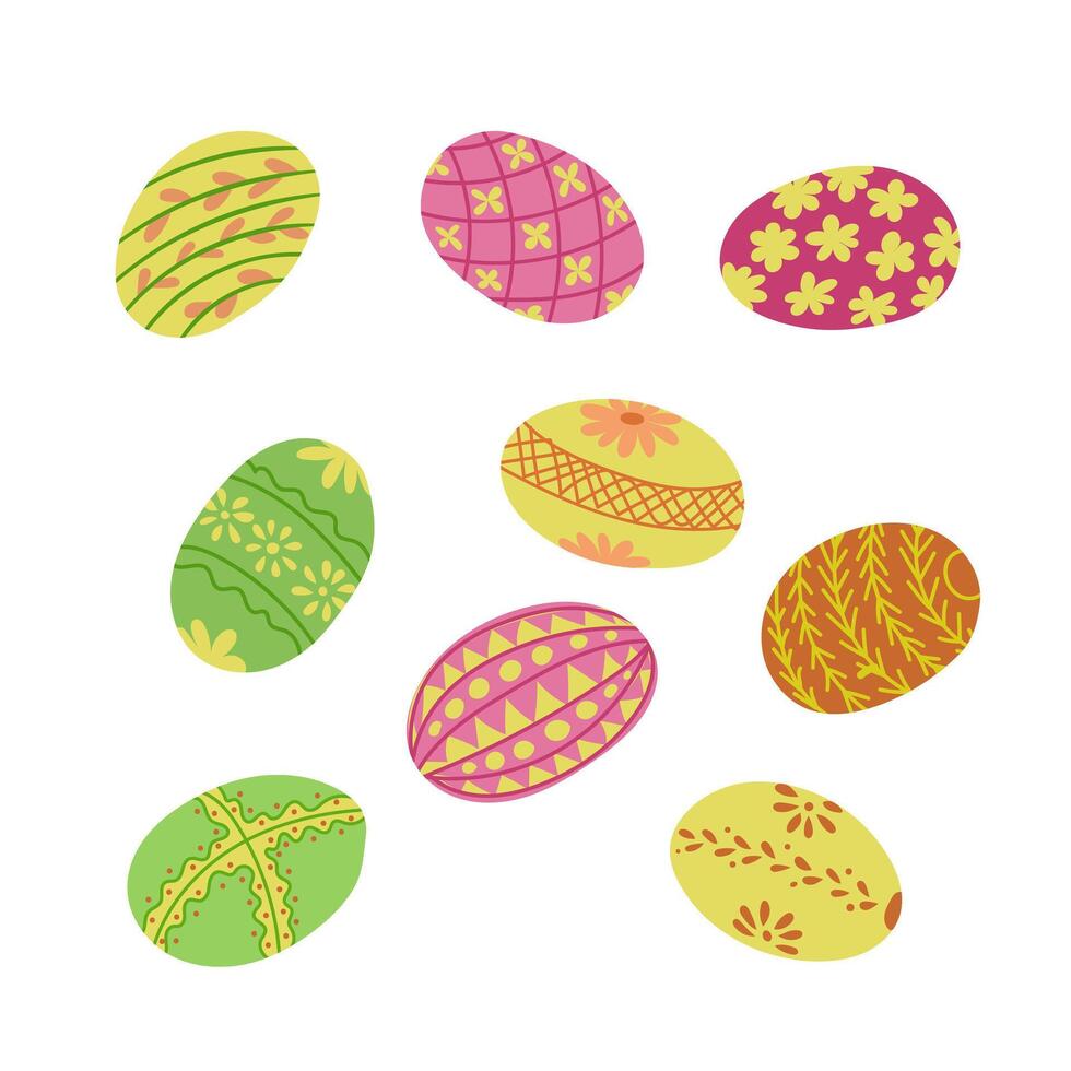 fiesta primavera colección de Pascua de Resurrección huevos en pastel colores. plano mano dibujado elementos en blanco antecedentes. ideal para decoración, pegatinas, saludos, bandera y antecedentes vector