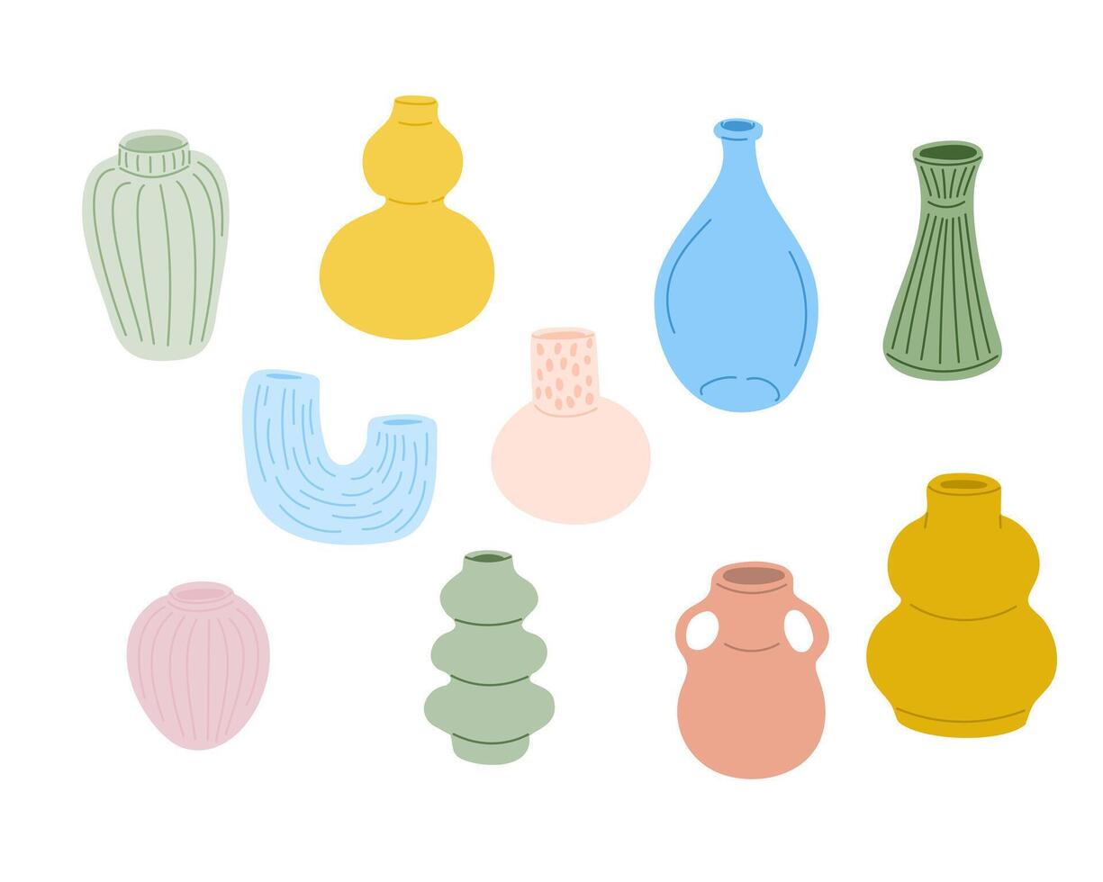 Flat colored doodle set of modern vases on white background. Sketchy hand drawn home decoration items. Ideal for decoration, stickers, banner and background vector