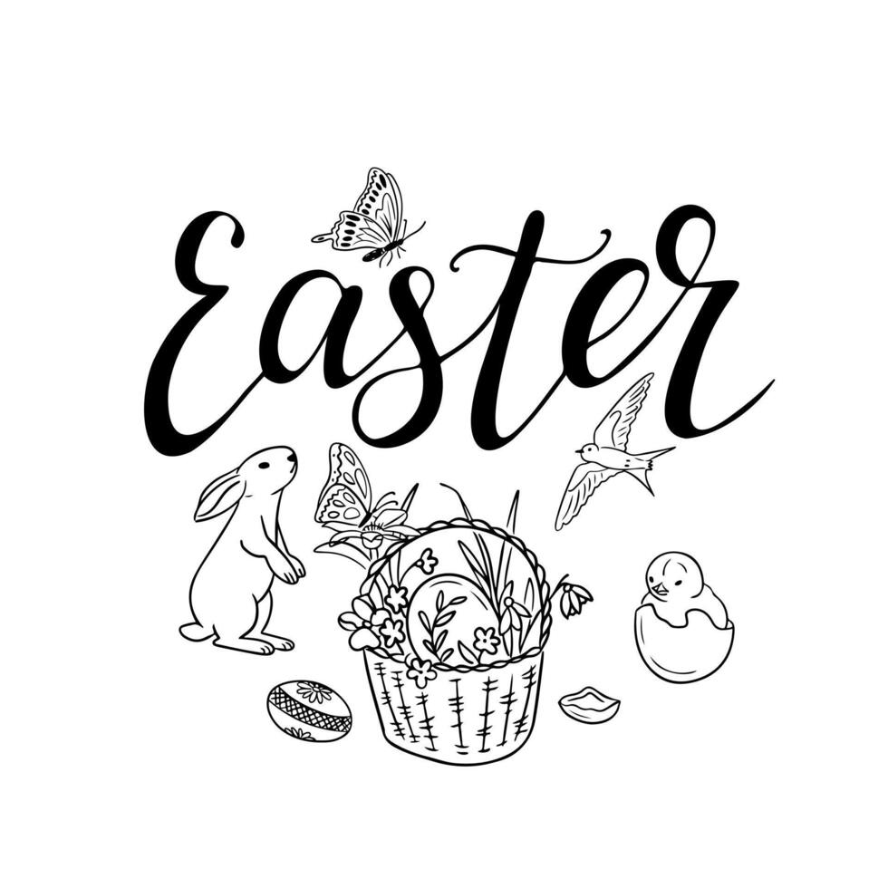 Easter calligraphic illustration with doodles. Vector typography design for banner, poster, card. Word Easter with sketchy animals and related items to Easter. Modern vector calligraphy isolated