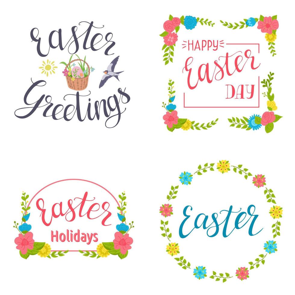 Set of calligraphic Easter greeting cards in pastel colors. Vector typography design for banner, poster, card. Modern vector calligraphy isolated on white background