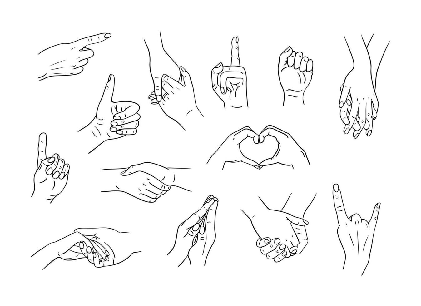 Sketchy drawings oh different poses of human hands. Males and females hands of people in relationship or single. Ideal for coloring pages, tattoo, pattern vector