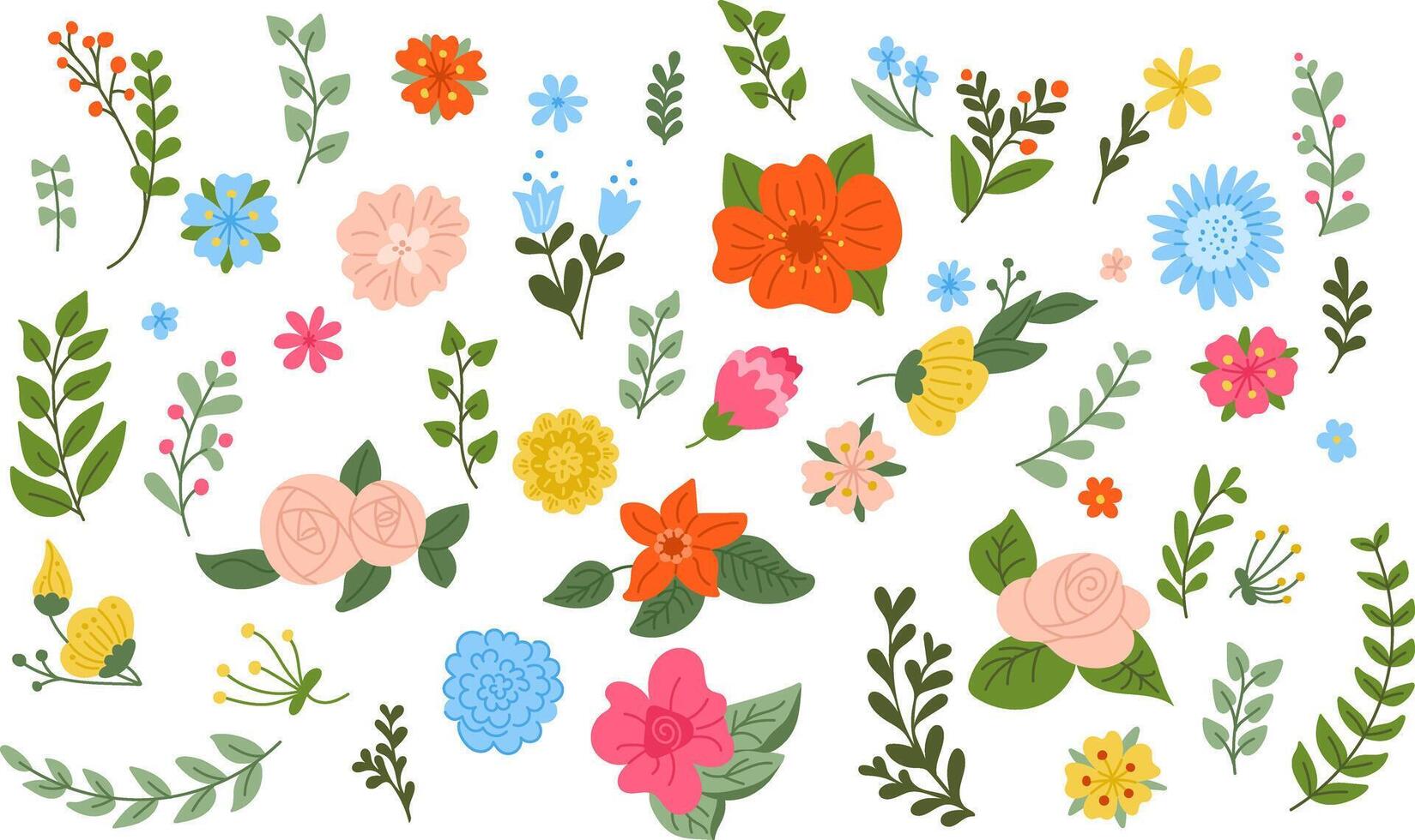 Flat hand drawn doodle spring flowers and leaves. Sketchy bright leaves and flowers on white background. Ideal for decoration, stickers, greetings, banner and background vector