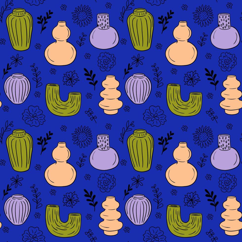Flat bold vases and contour flowers seamless pattern. Isolated different modern vases on blue background. Unique print design for textile, wallpaper, wrapping vector