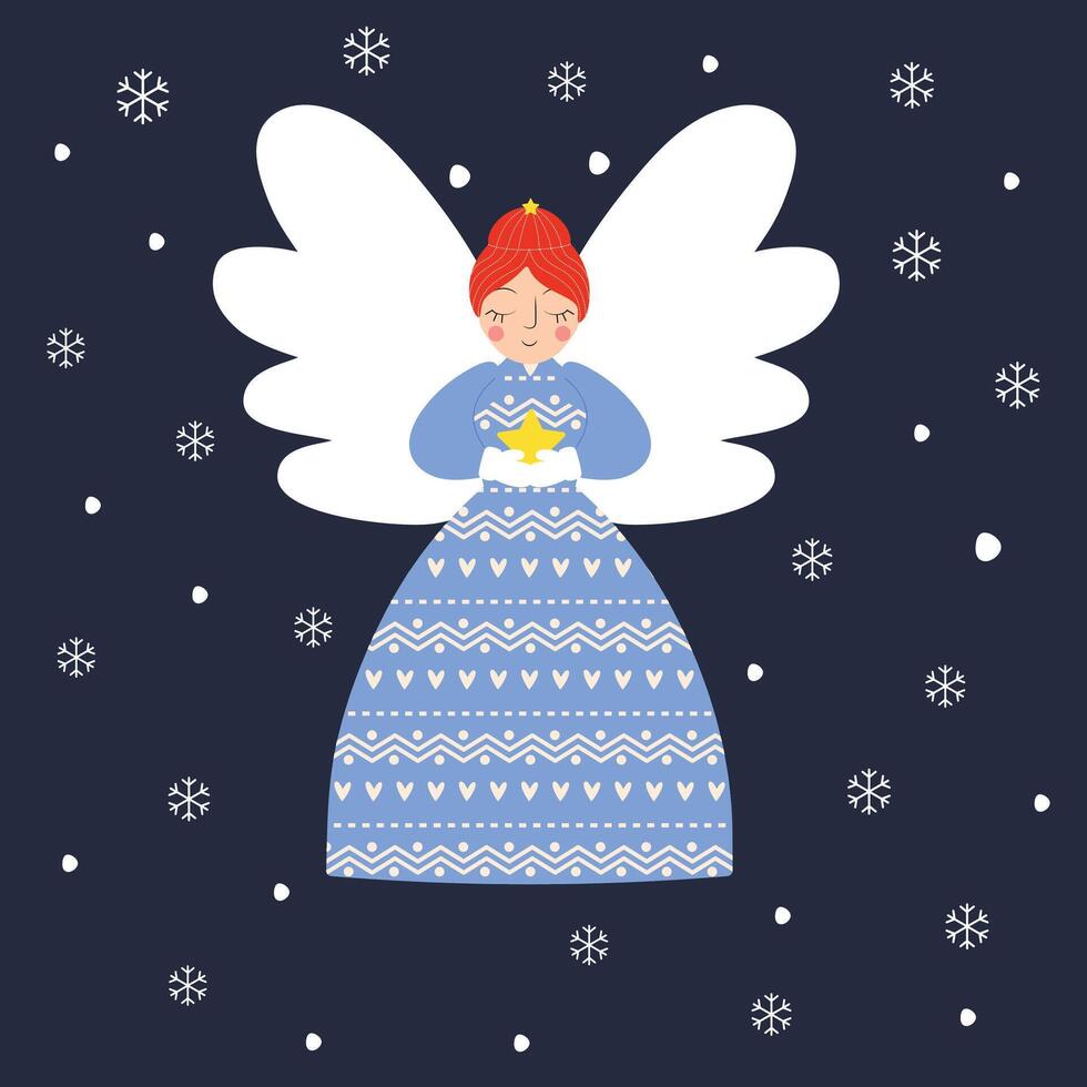 An angel in the sky with red hair and wings holding a star and falling snow vector