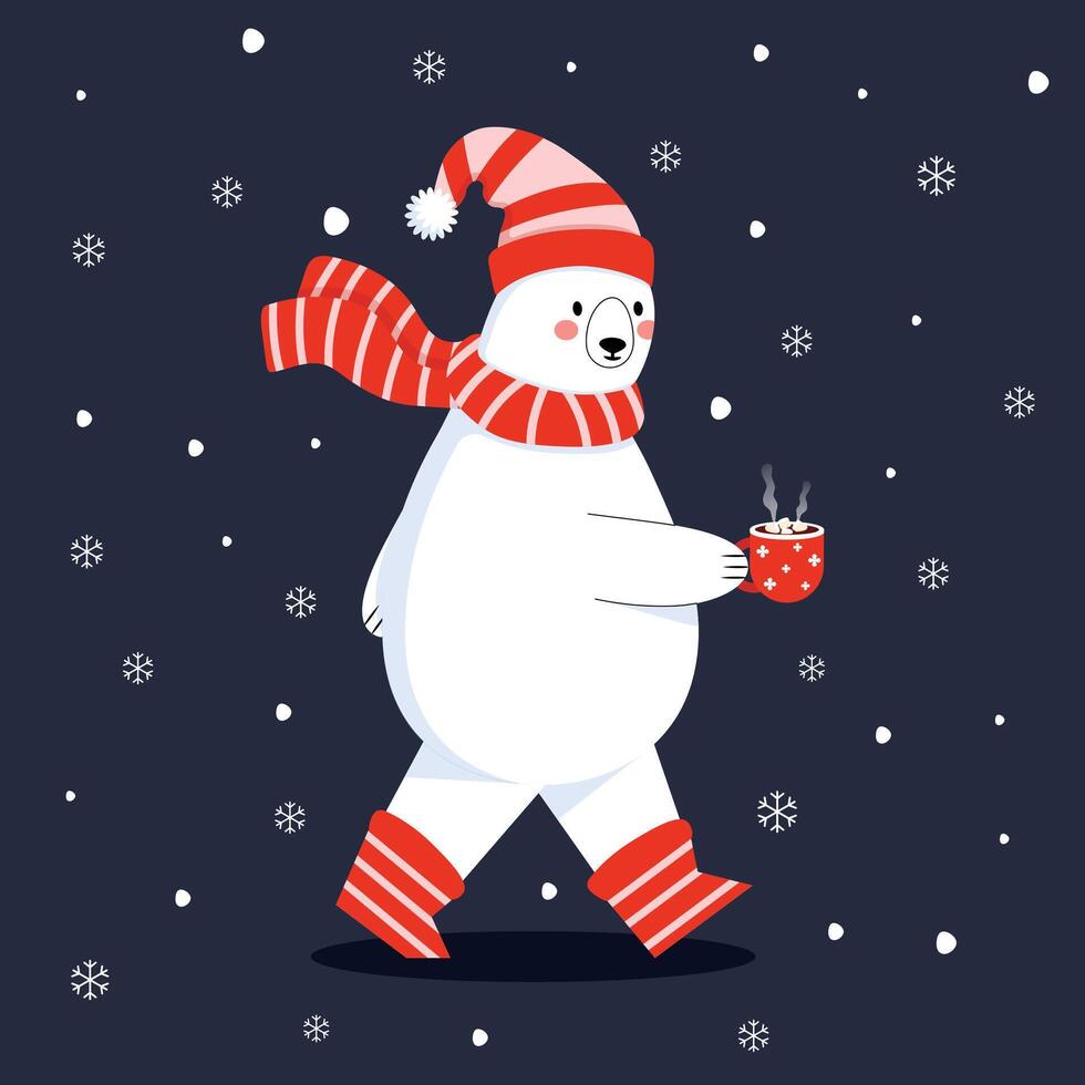 walking polar bear holding a hot cocoa mug wearing a hat and scarf vector