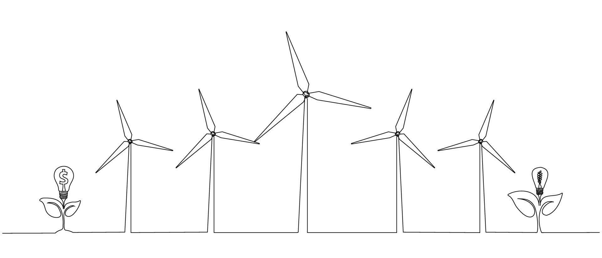 ecoenergía, energía desde molinos de viento, viento poder planta. edificio arriba ecológico energía, creciente ambiental amabilidad concepto en sencillo lineal estilo de uno línea. vector