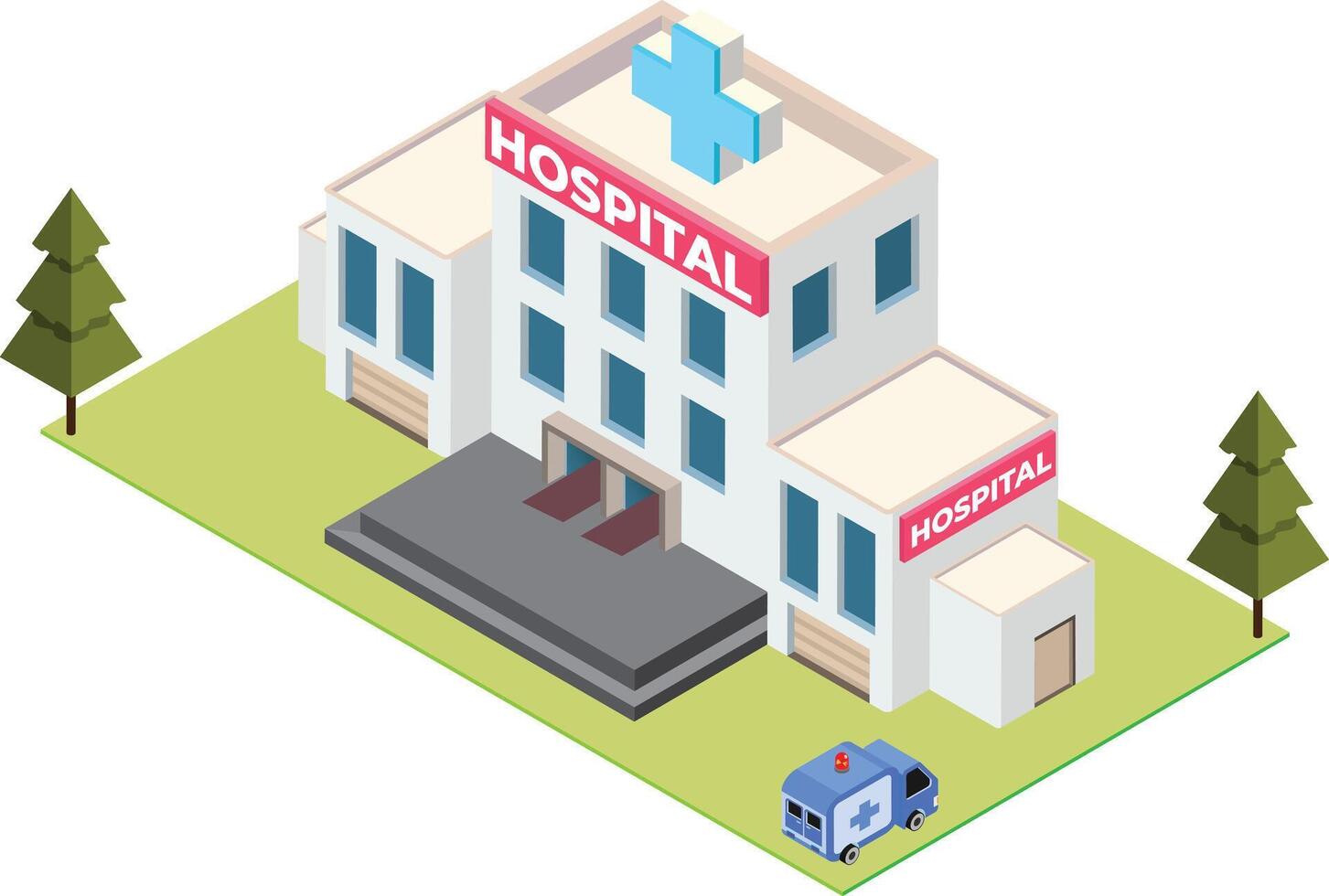 Edificio del hospital isométrico con ambulancia. vector