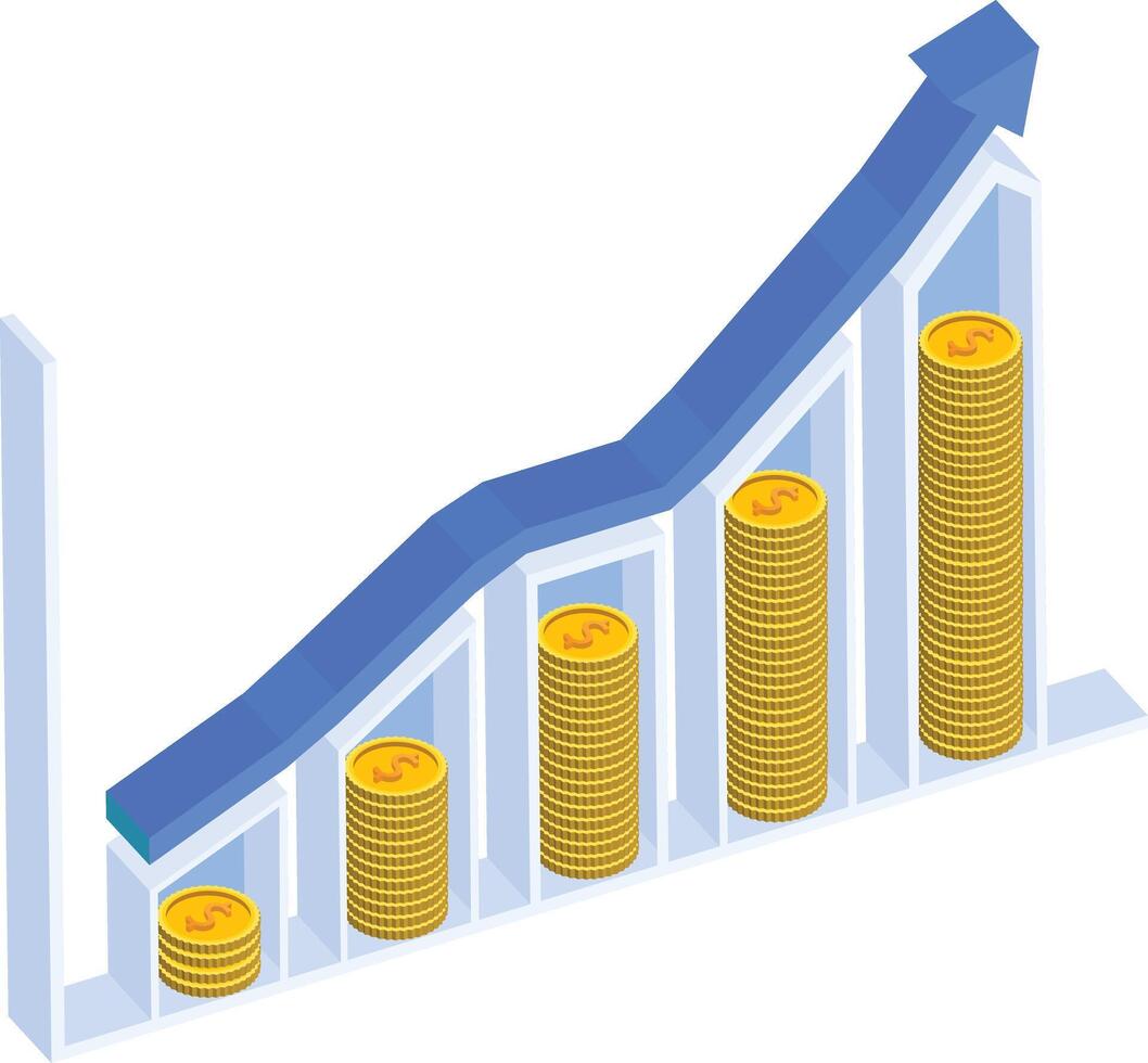 A Graph with Stacks of Coins and an Arrow Pointing Upwards vector
