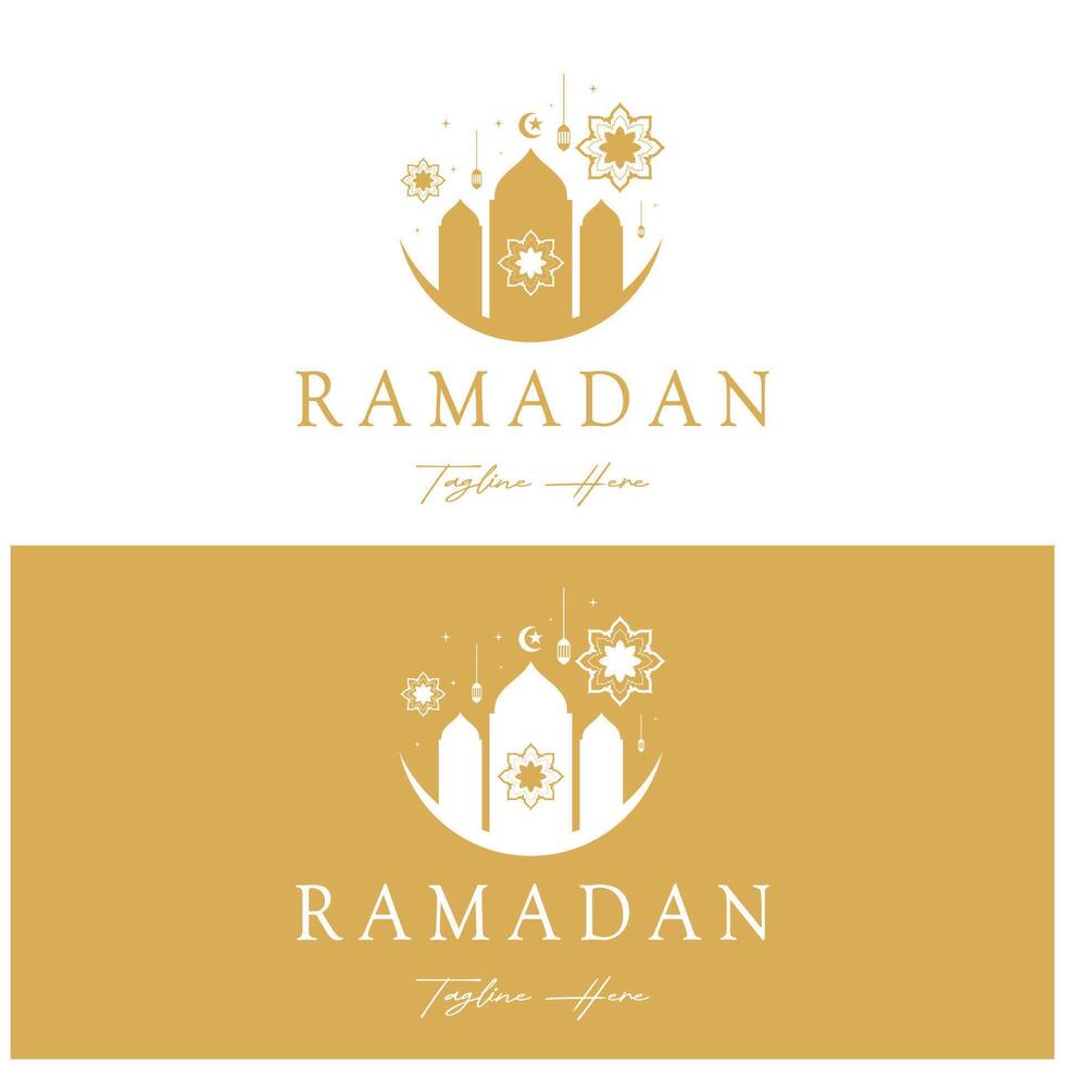 Ramadan Mubarak logo with lantern elements, crescent moon and star mosque building, Islamic calligraphy pattern, for business, architecture, Muslims, Eid, Eid cards, Islamic education vector