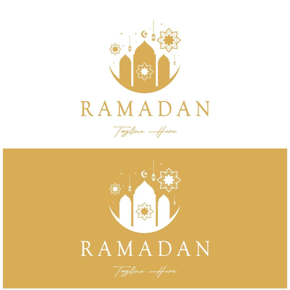 Ramadán Mubarak logo con linterna elementos, creciente Luna y estrella mezquita edificio, islámico caligrafía patrón, para negocio, arquitectura, musulmanes, eid, eid tarjetas, islámico educación vector