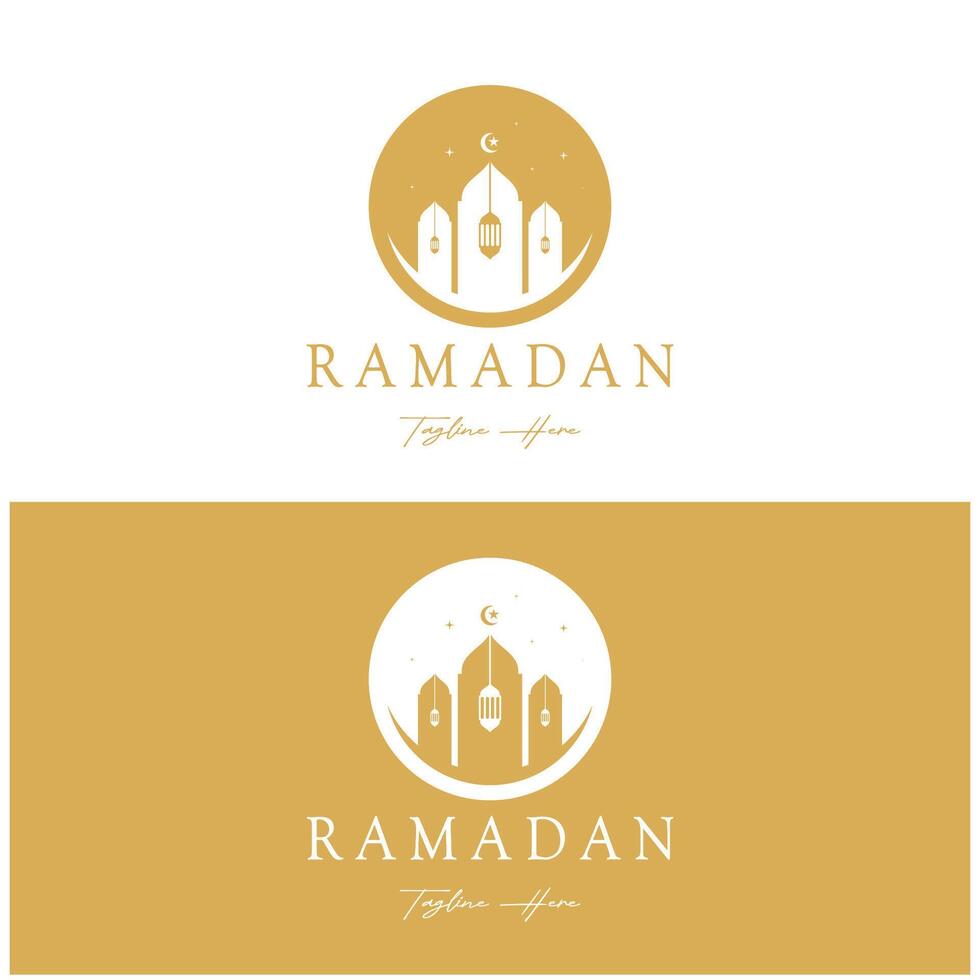 Ramadan Mubarak logo with lantern elements, crescent moon and star mosque building, Islamic calligraphy pattern, for business, architecture, Muslims, Eid, Eid cards, Islamic education vector