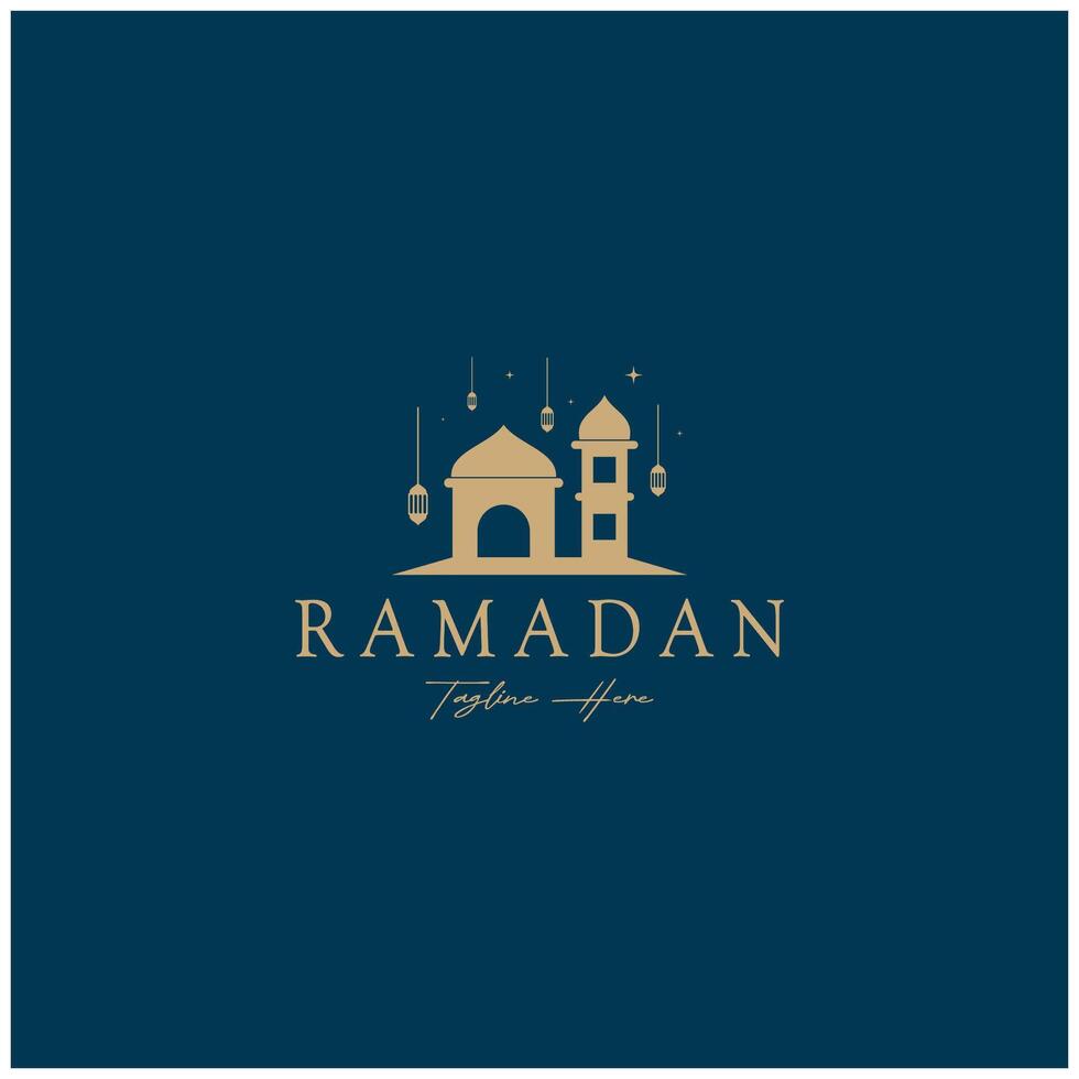 Ramadan Mubarak logo with lantern elements, crescent moon and star mosque building, Islamic calligraphy pattern, for business, architecture, Muslims, Eid, Eid cards, Islamic education vector