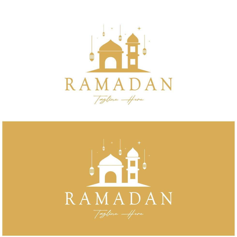 Ramadan Mubarak logo with lantern elements, crescent moon and star mosque building, Islamic calligraphy pattern, for business, architecture, Muslims, Eid, Eid cards, Islamic education vector
