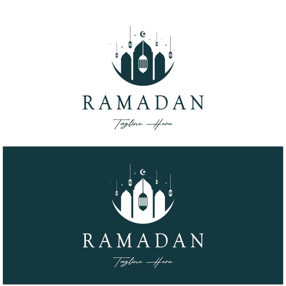 Ramadán Mubarak logo con linterna elementos, creciente Luna y estrella mezquita edificio, islámico caligrafía patrón, para negocio, arquitectura, musulmanes, eid, eid tarjetas, islámico educación vector