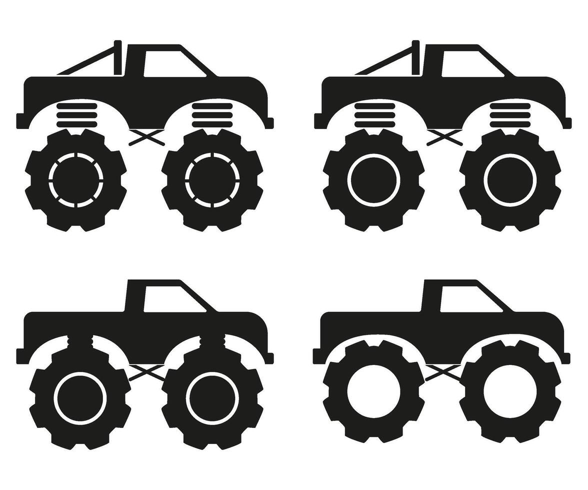 Set of monster pickup truck, heavy vehicle side view silhouette vector