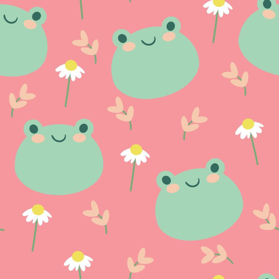 Seamless pattern with cute cartoon frogs and white flowers for fabric print, textile, gift wrapping paper. children's colorful vector, flat style vector
