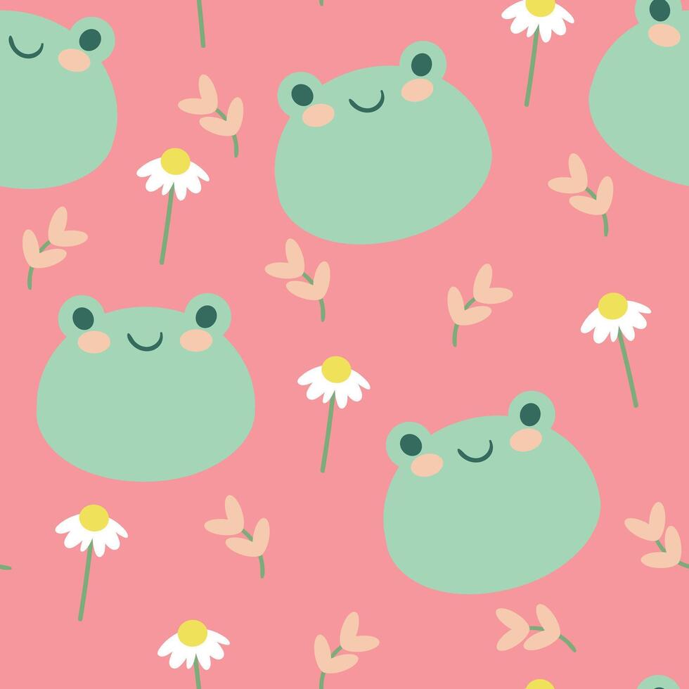 Seamless pattern with cute cartoon frogs and white flowers for fabric print, textile, gift wrapping paper. children's colorful vector, flat style vector