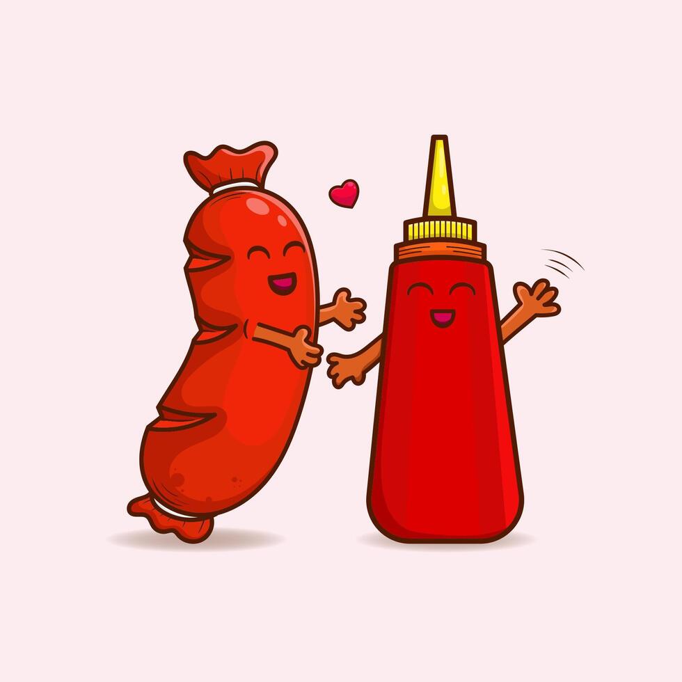 Illustration of sausage characters and funny sauce bottles. vector