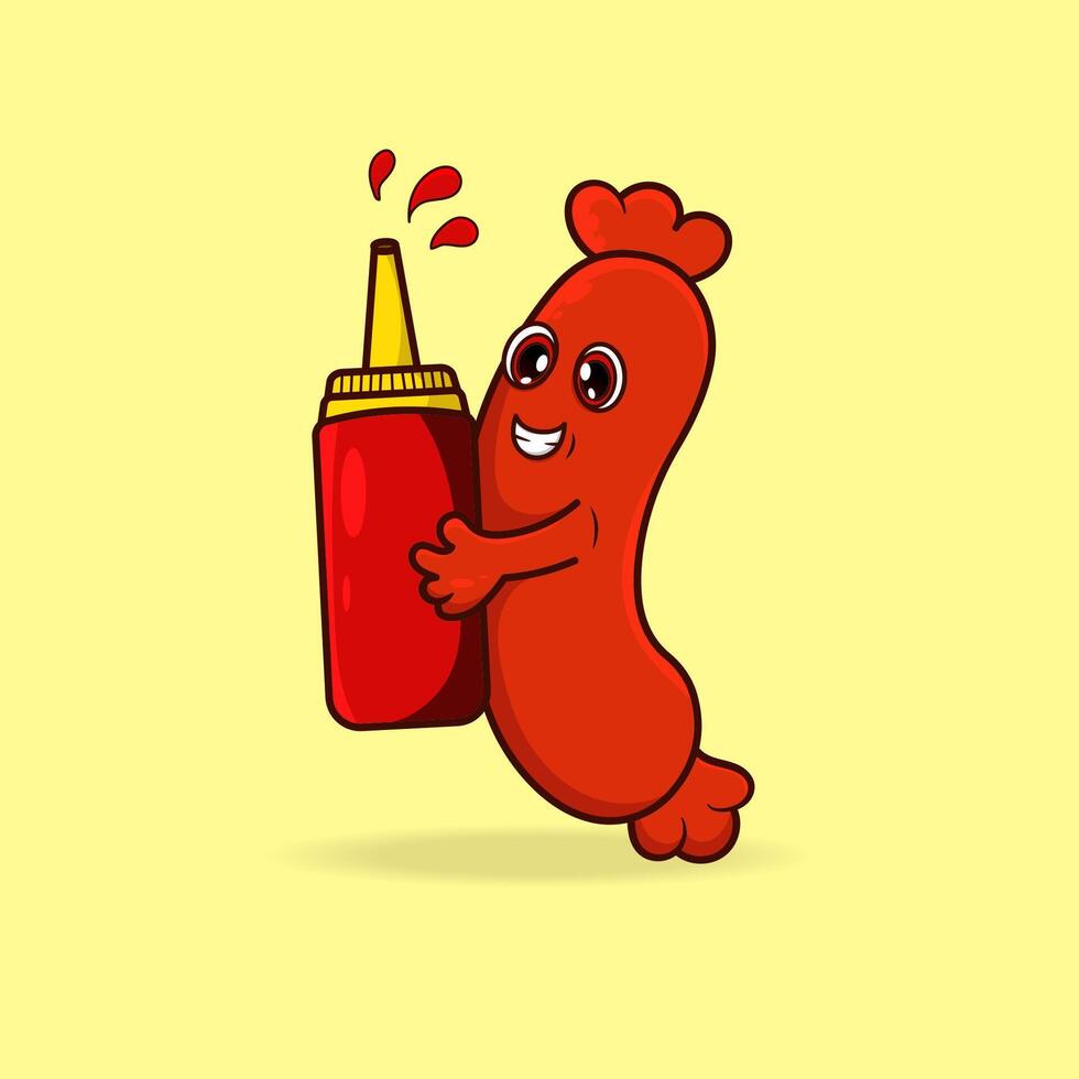Illustration of sausage character hugging sauce bottle vector