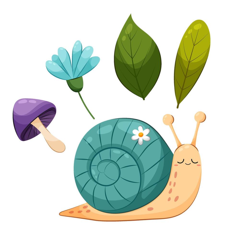 Cute snail in flat style on a white background. Cartoon snail with decorative elements. vector