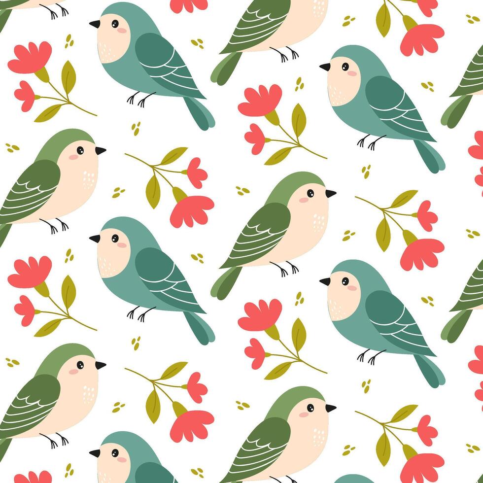 Birds. Seamless pattern with flowers and birds in flat style. Spring pattern for background, fabric, wrapping paper or any of your designs. vector
