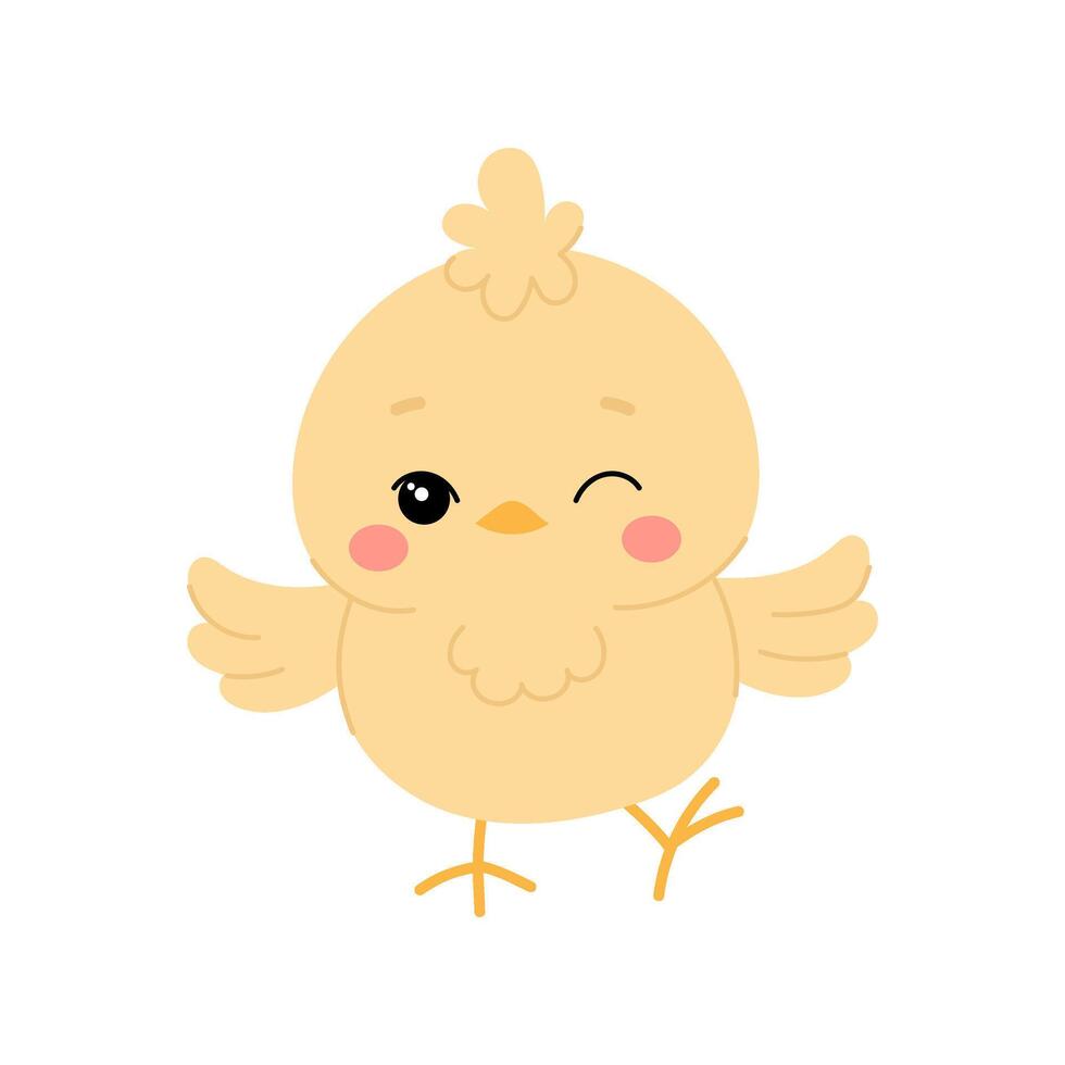 Funny yellow chicken in flat style on a white background. Easter chick. vector