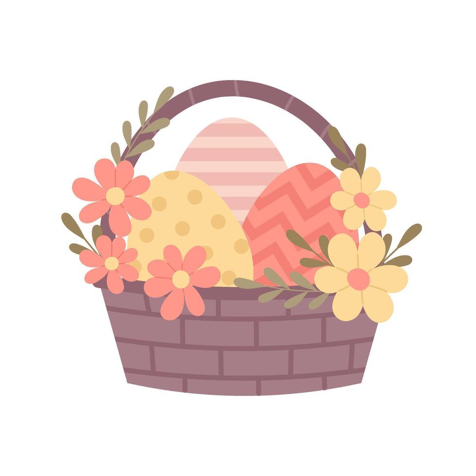 Easter clipart. Wicker basket with Easter eggs decorated spring flowers in flat style. Easter basket on a white background. vector