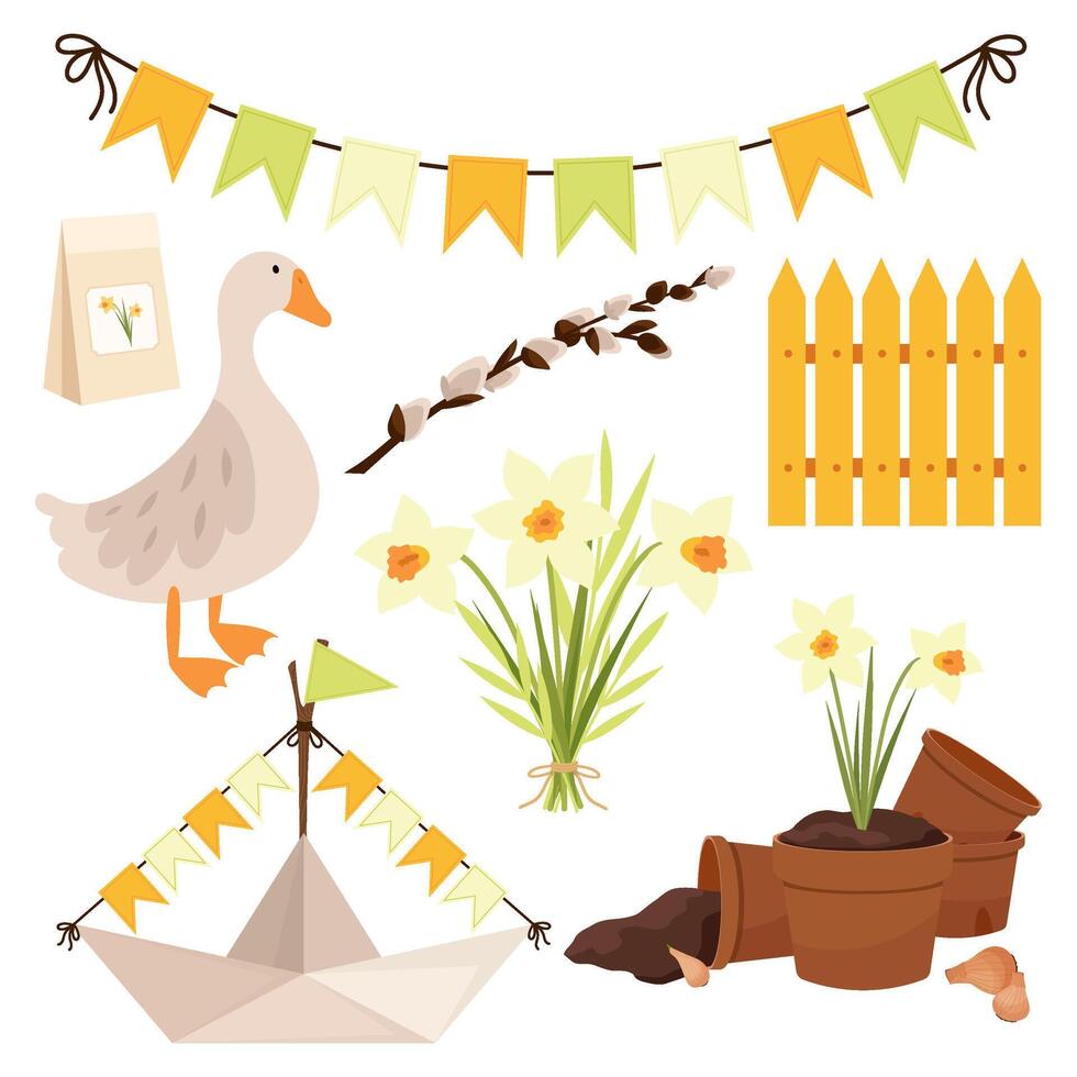 Set of spring vector illustrations on a white background. Goose, boat, garland, daffodil bouquet, seeds in flat style.