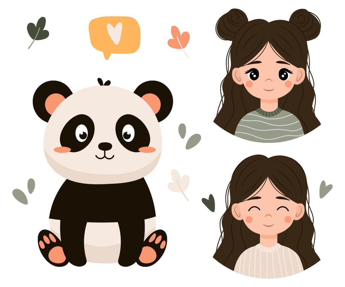 panda y niña personaje con decorativo elementos en un blanco antecedentes. conjunto de vector ilustraciones en plano estilo. retrato, avatar.