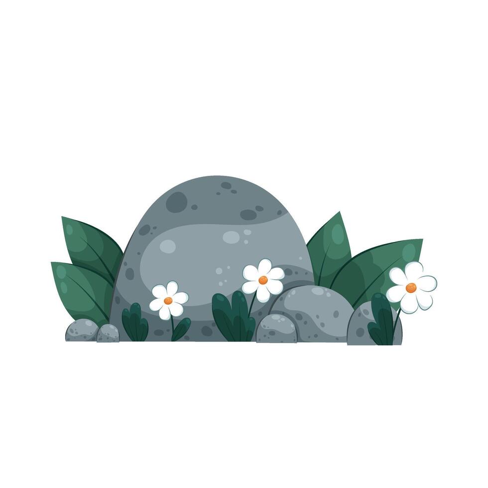 Vector illustration of stones with flowers in cartoon style on a white background. Background for a card, print or other design in a flat style. Spring composition.