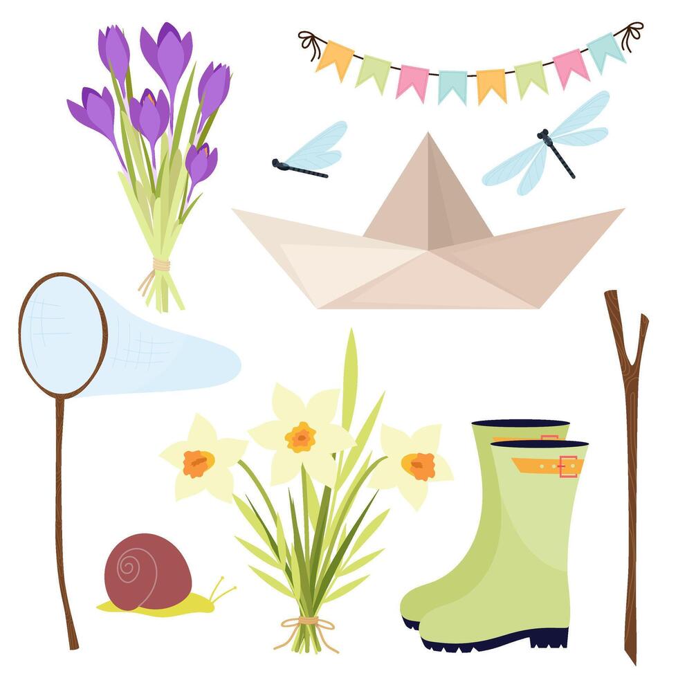 Set of vector illustrations in flat style on a white background. Spring set of decorative elements. Flowers, insects, boat, net, rubber boots in flat style.