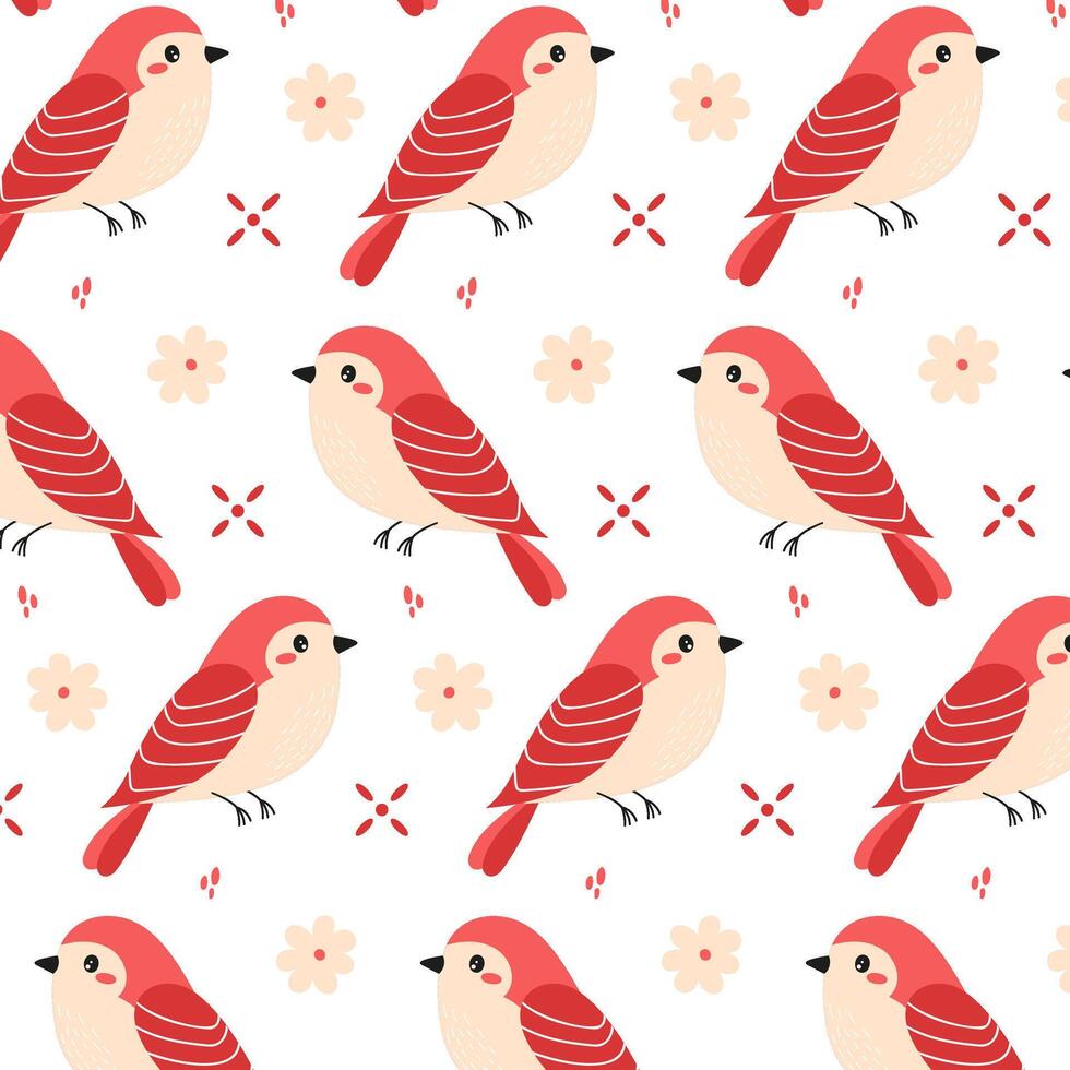 Spring birds. Seamless pattern of red birds and graphic elements. Pattern in flat style for background, fabric or packaging. vector