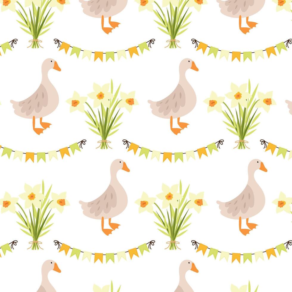 Spring seamless pattern. Pattern with a goose, flags and a bouquet of daffodils on a white background in a flat style. Spring background for your design. vector