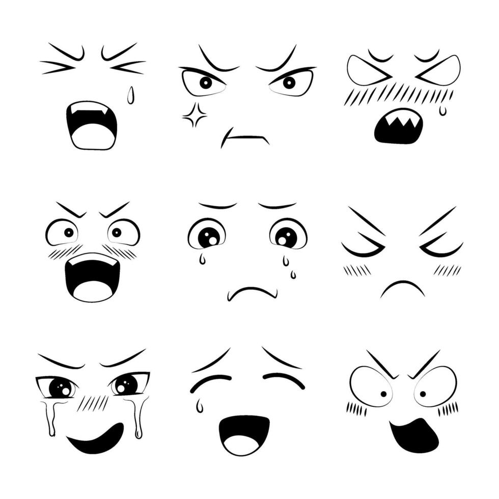 anime emoción efecto. un conjunto de garabatear ilustraciones de diferente emociones en anime estilo. vector