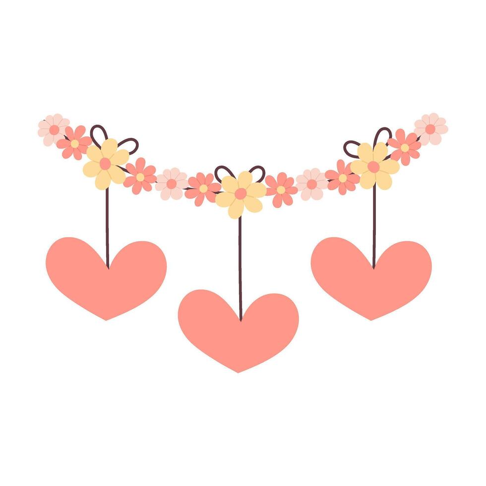 Festive garland in flat style with flowers and hearts. Spring garland on a white background. Holiday decor in flat style. vector