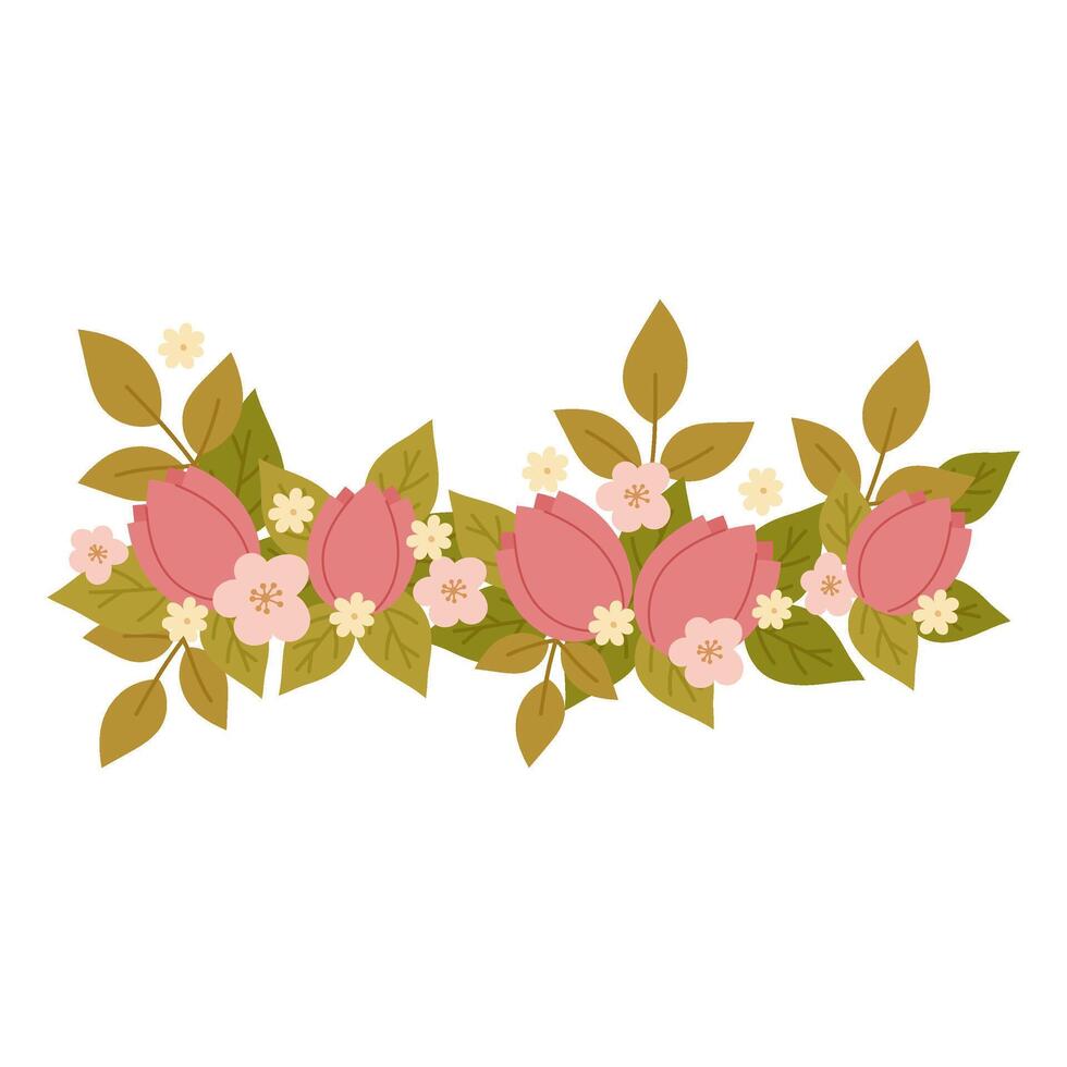 Flowers, bouquet in flat style on a white background. Flower border, frame, decor. Spring pink flowers. vector