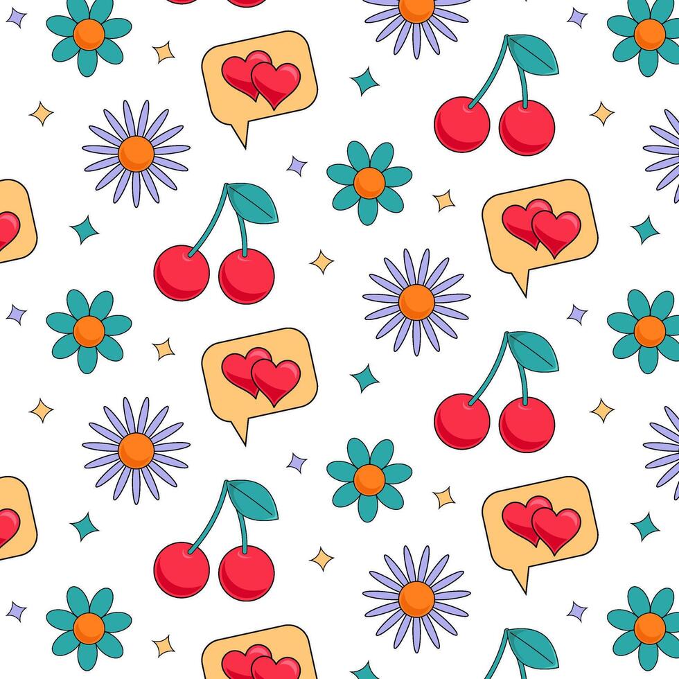 Seamless pattern with cherries and other decorative elements in a groovy style on a white background. Retro 00s pattern with ripe red cherries and other icons. Retro vintage background. vector