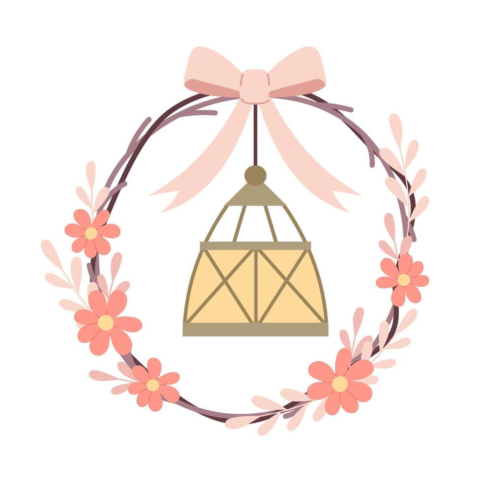Spring wreath with lantern in flat style on a white background. Floral wreath for decoration. Spring clipart. vector